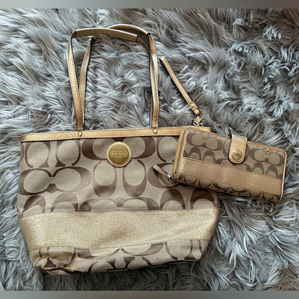 Coach Tan and Gold Signature Tote Bag